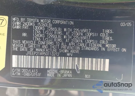 2005 Toyota Highlander Limited V6 из США, поврежденный, VIN JTEEP21A950113212